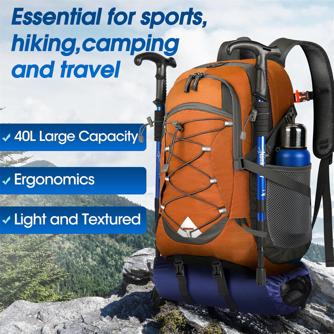 Packable 40L waterproof backpack, perfect for hiking, camping, and travel.