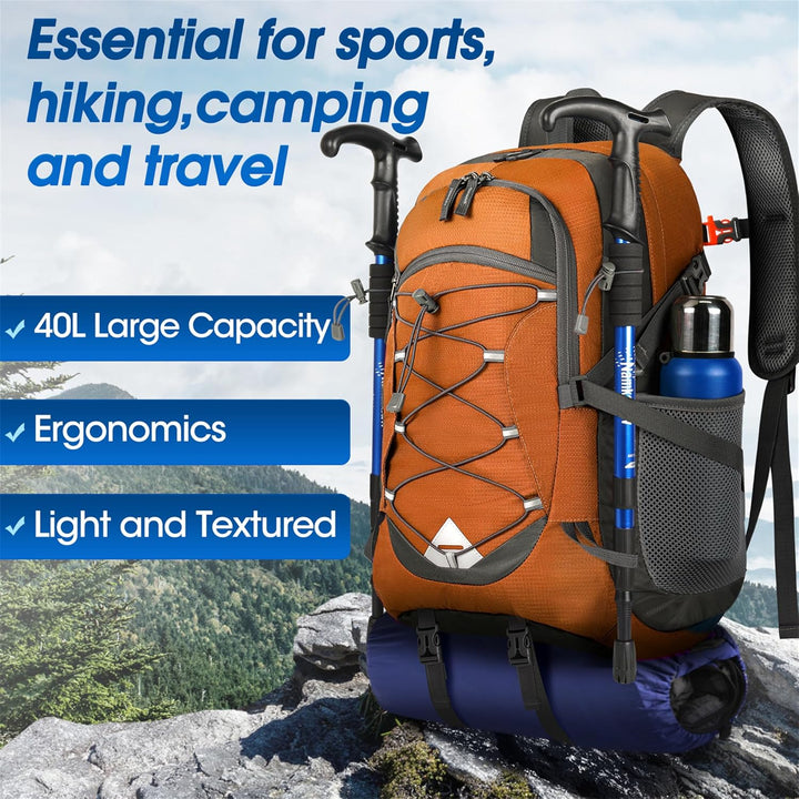 Packable 40L waterproof backpack, perfect for hiking, camping, and travel.