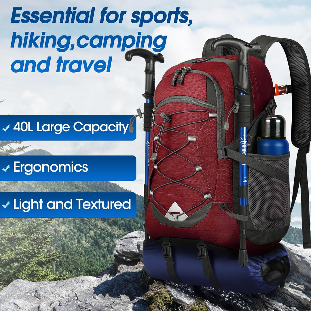 Waterproof 40L backpack, unisex design for lightweight hiking and outdoor travel.