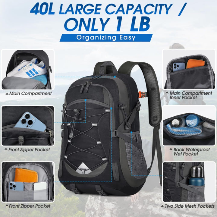 Durable 40L waterproof camping pack, unisex design for travel and hiking.