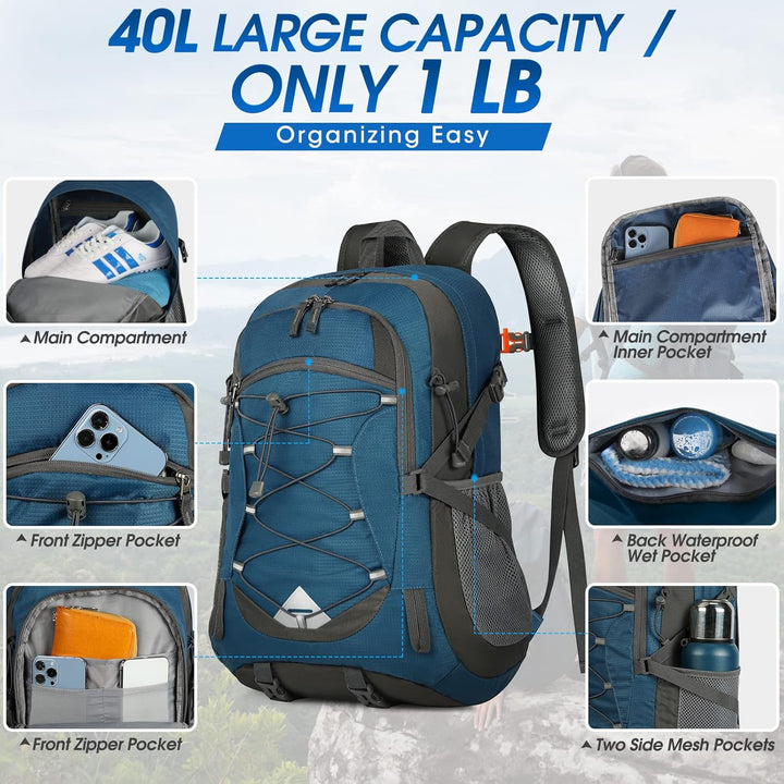 Camping 40L waterproof backpack, unisex & packable for easy travel.