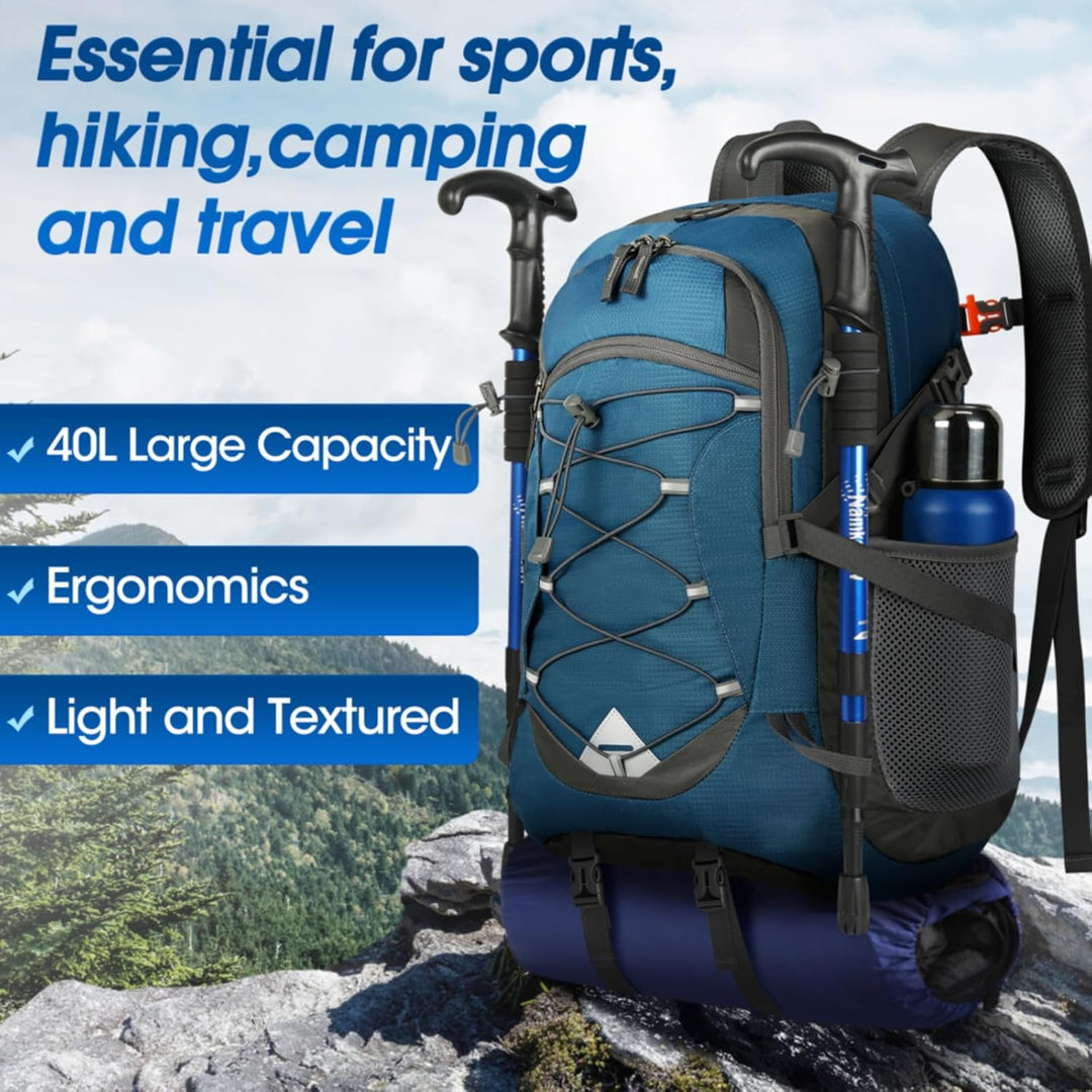 Unisex 40L waterproof pack for camping, hiking, and travel, highly packable.