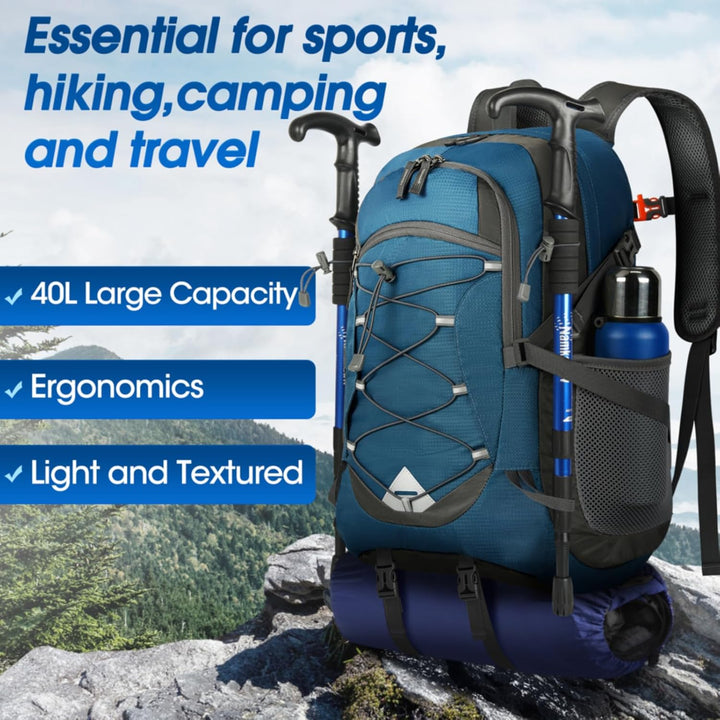 Unisex 40L waterproof pack for camping, hiking, and travel, highly packable.