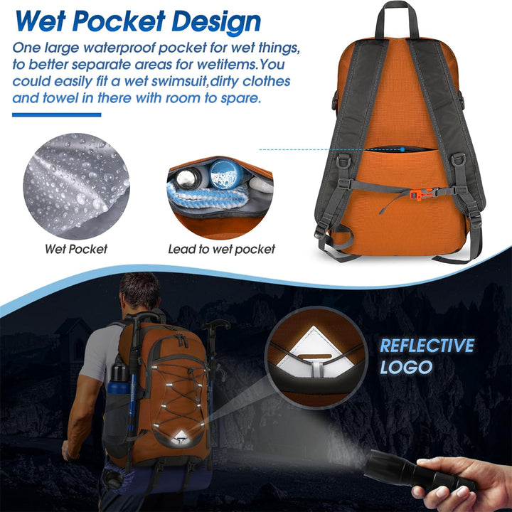 Waterproof 40L backpack, ideal for hiking, camping, and lightweight travel.