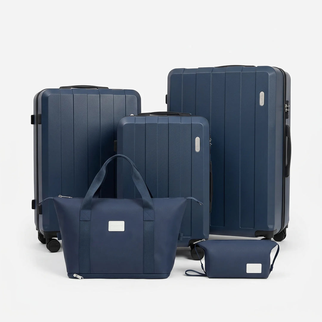 Expandable 5-piece travel luggage set for easy packing. Smooth spinner wheels make airport navigation a breeze.