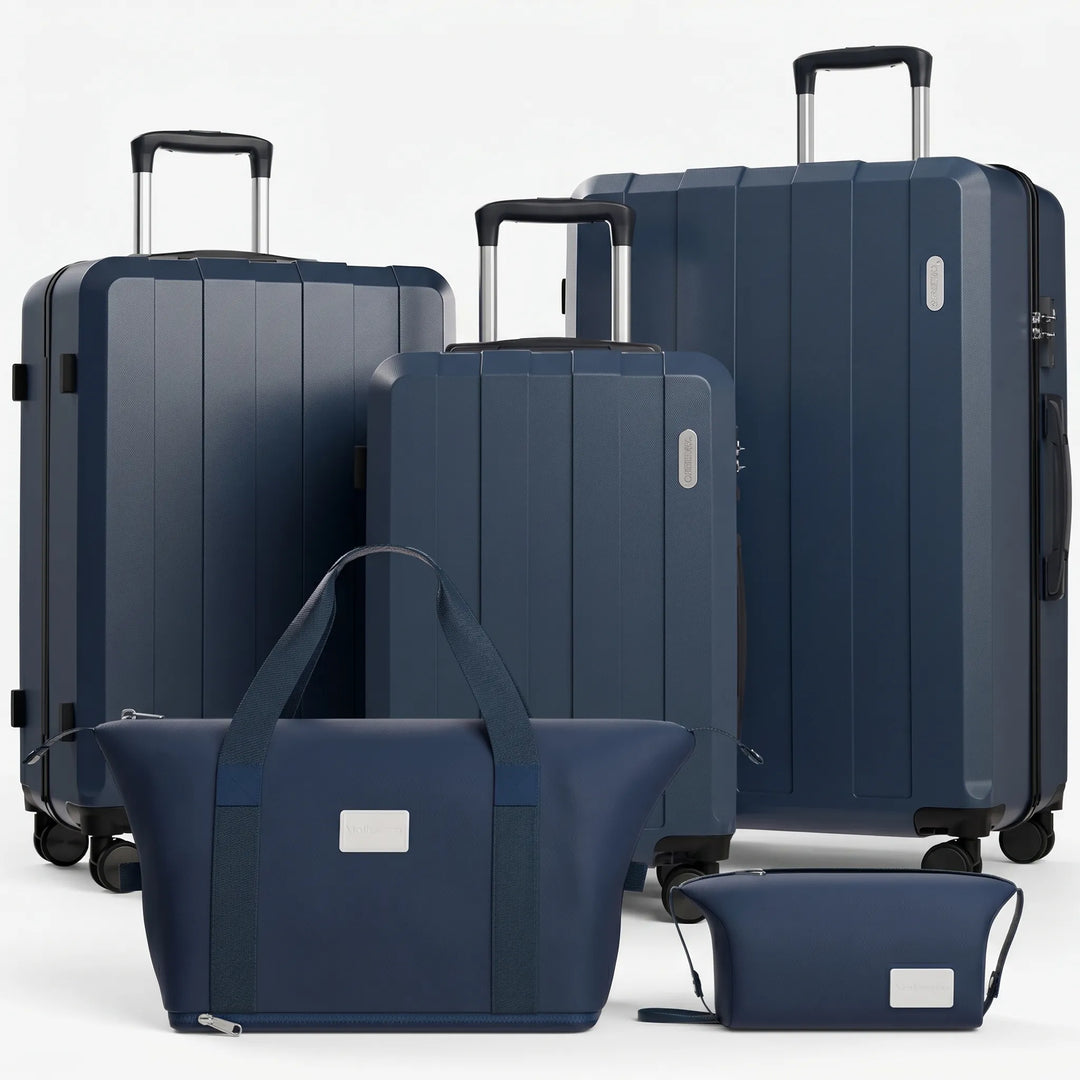 Ready for your journey: unisex 5-piece luggage set with hard shell, spinner wheels, & TSA security for peace of mind.