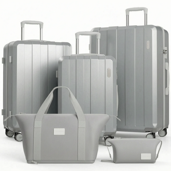 Durable hard shell 5-piece travel luggage set featuring spinner wheels, expandable design, & secure TSA locks.