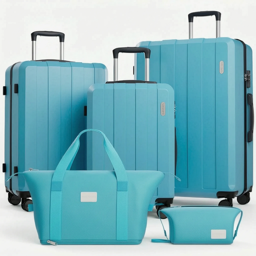 Smooth airport travel with this unisex 5-piece hard shell luggage set, featuring easy-glide spinner wheels.