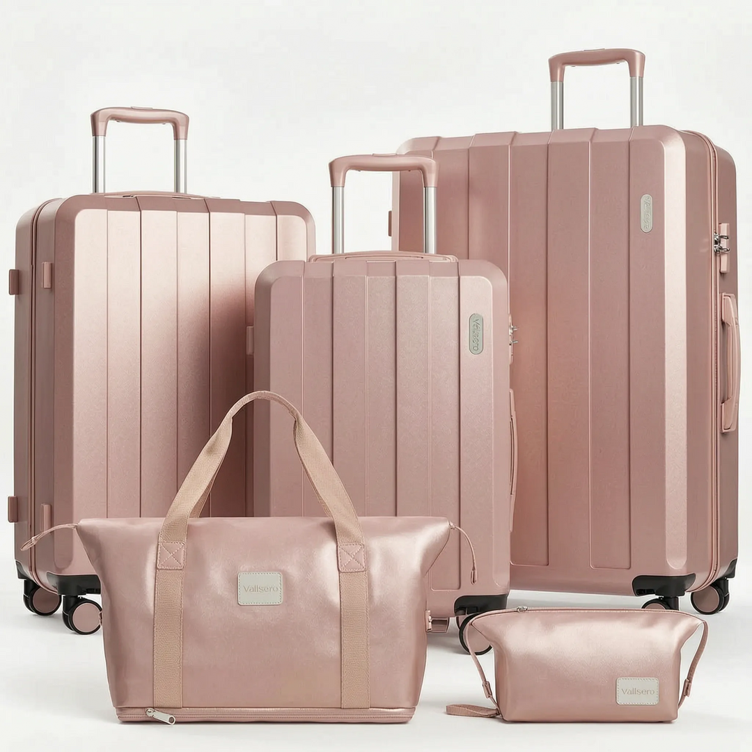 Modern unisex 5-piece hard shell suitcase set with spinner wheels, expandable design, and TSA lock for secure travel.
