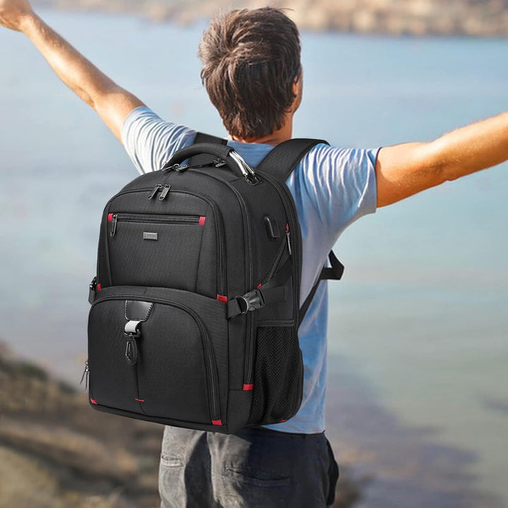 Unisex 50L water-resistant travel laptop backpack with USB port. Extra large for overnight or business travel.