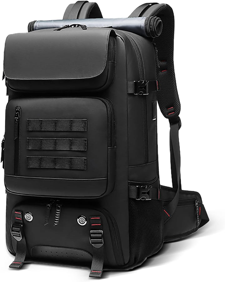 Unisex 50L waterproof travel backpack for men & women, ideal for outdoor adventures, with shoe compartment & USB charging.