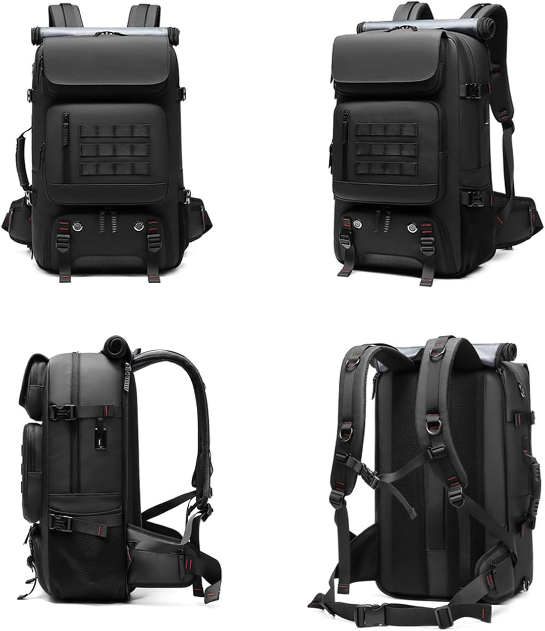 Large capacity 50L travel backpack, waterproof & unisex, featuring dedicated shoe compartment, laptop sleeve & USB charging.