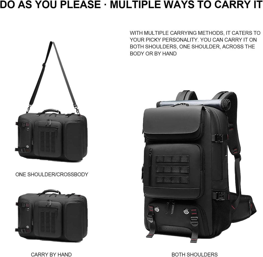 Durable 50L waterproof travel backpack for outdoor gear, unisex, perfect for hiking, with shoe compartment & USB port.
