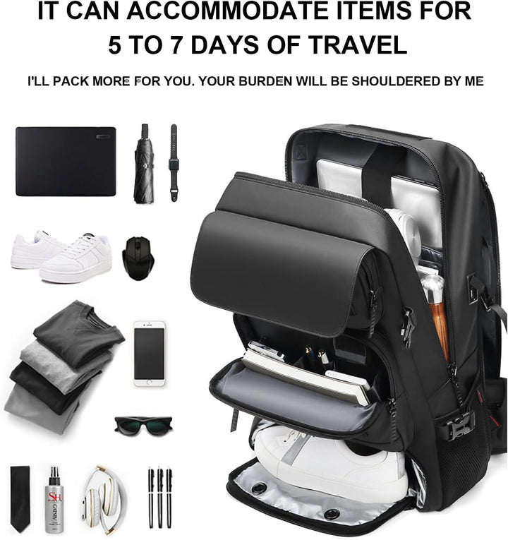 Multi-functional 50L travel backpack, waterproof & unisex, with shoe compartment, USB charging, perfect for trips.