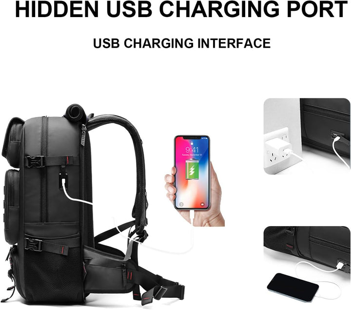 Spacious 50L waterproof travel backpack, unisex design, includes shoe compartment, USB charging, great for travel & outdoor.