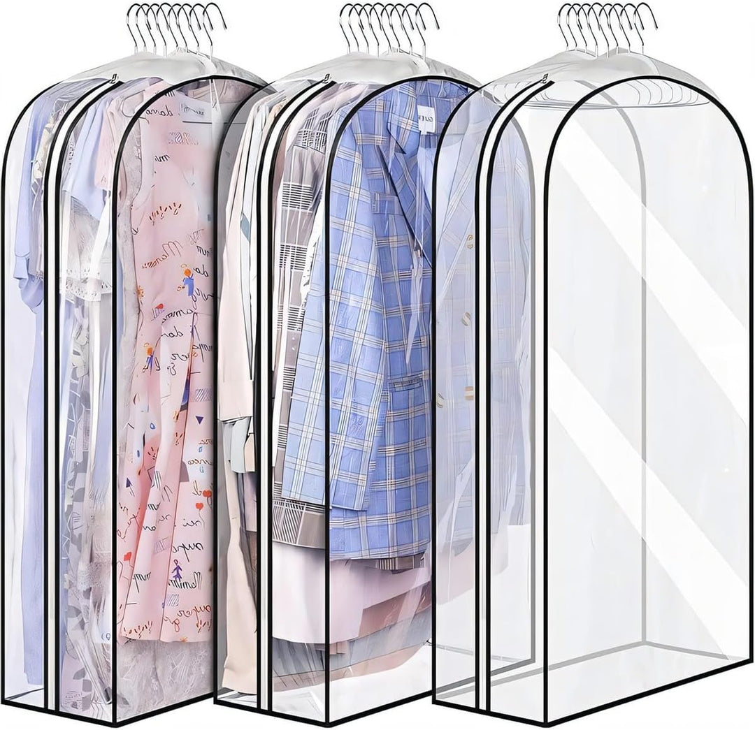 Unisex 6-pack clear PEVA garment covers for suits, jackets, & dresses. Breathable dust protection.