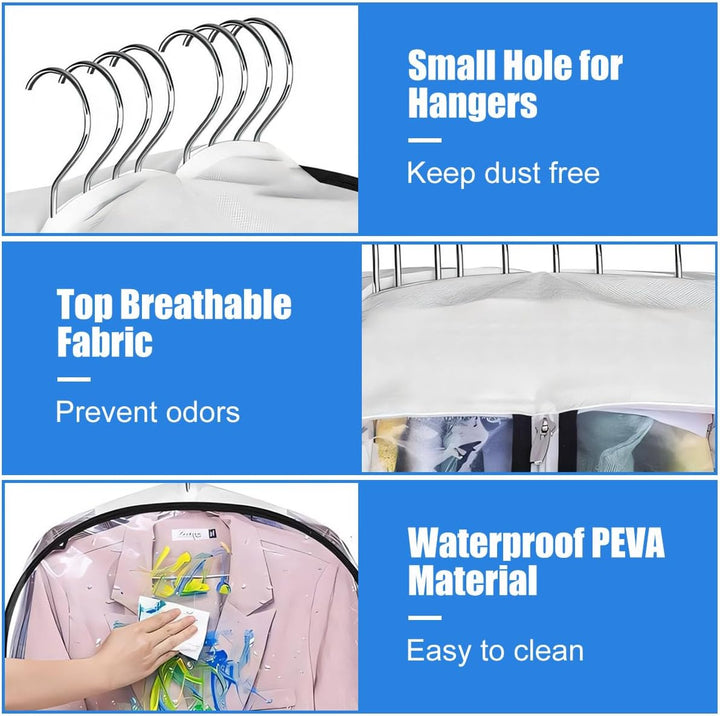 Clear garment bag 6-pack for suits. Side zipper, breathable PEVA for closet storage & organization.