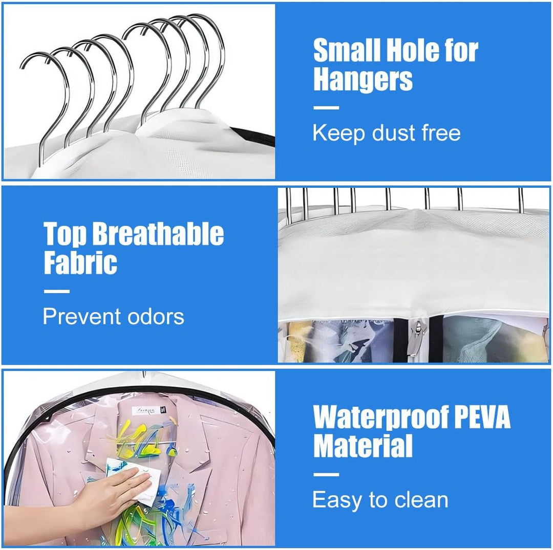 Breathable 6-pack clear dress bags. Dust-proof PEVA garment covers for closet storage.