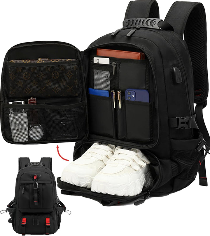 Unisex 60L travel laptop backpack with USB charging port & shoe compartment for organized trips.