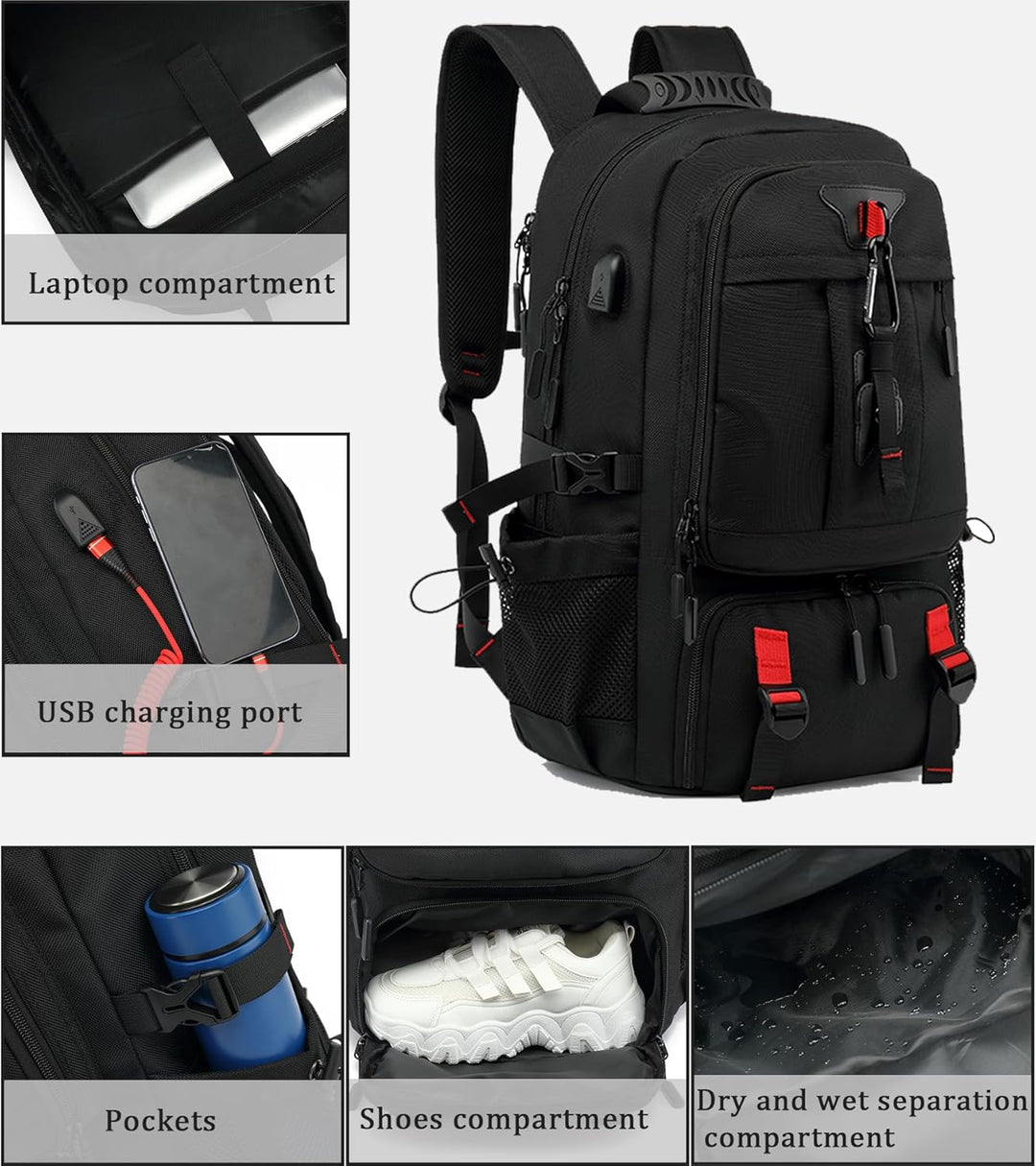 Anti-theft 60L waterproof laptop travel backpack, perfect for business trips with integrated USB port.