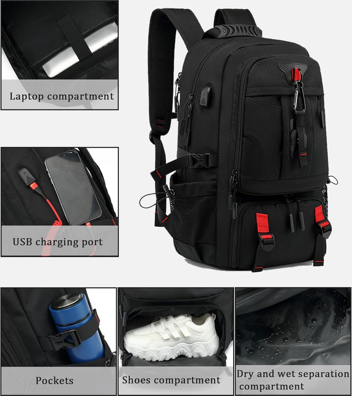 Anti-theft 60L waterproof laptop travel backpack, perfect for business trips with integrated USB port.
