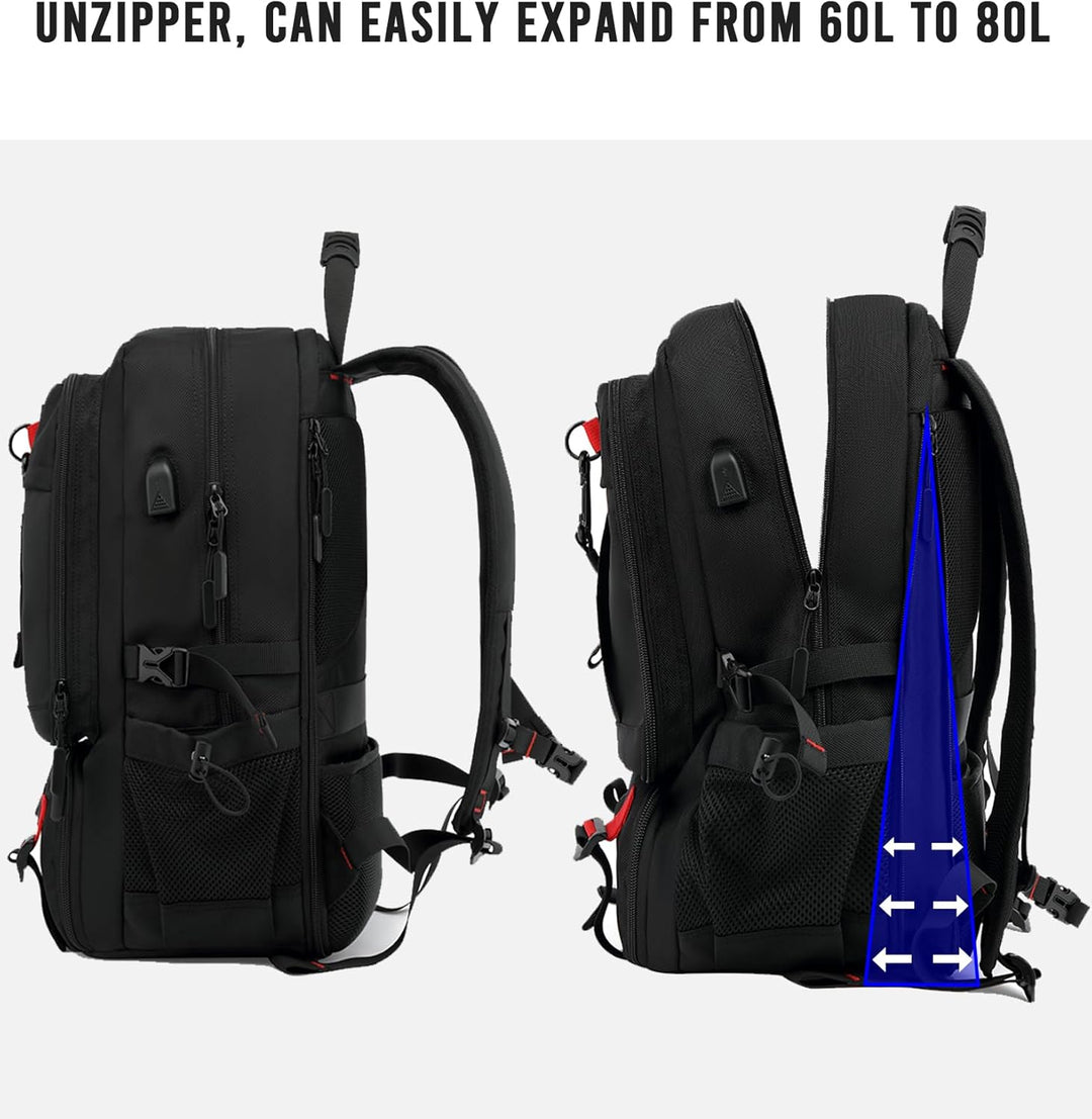 Stylish black unisex 60L travel backpack, designed for comfort & durability, ideal for weekend adventures.
