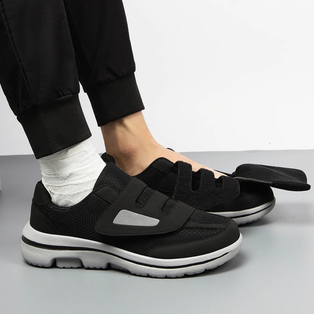 Wide-fit unisex walking shoes for daily comfort. Adjustable support for diabetes and swollen feet. Easy hook & loop.