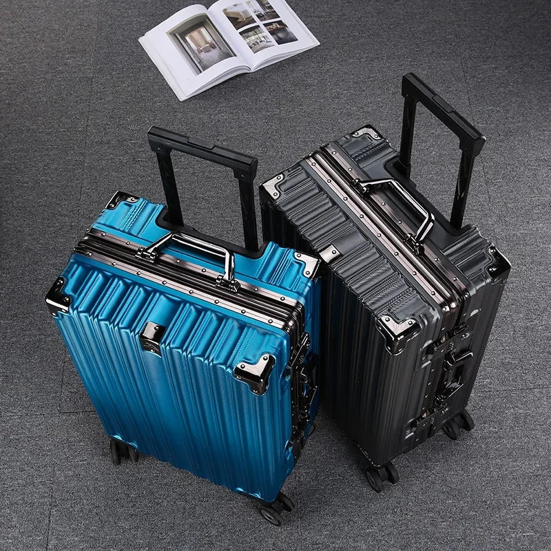 Unisex aluminum frame hard-shell suitcase, secure for travel. Durable luggage with spinner wheels.