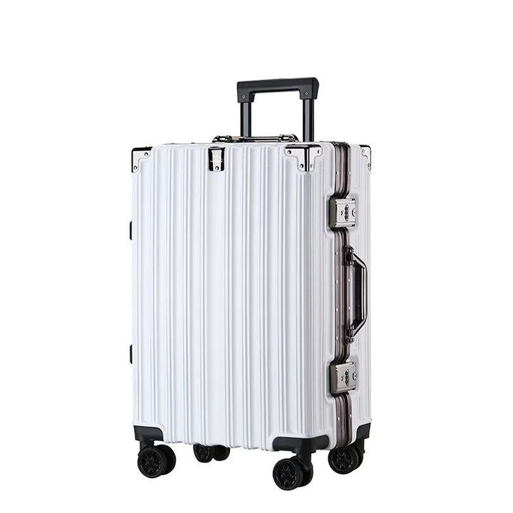 Secure unisex aluminum frame hard-shell travel bag, built for durability. Features smooth spinner wheels.