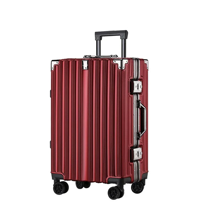 Durable unisex aluminum frame hard-shell luggage with secure latches & smooth spinner wheels for easy travel.