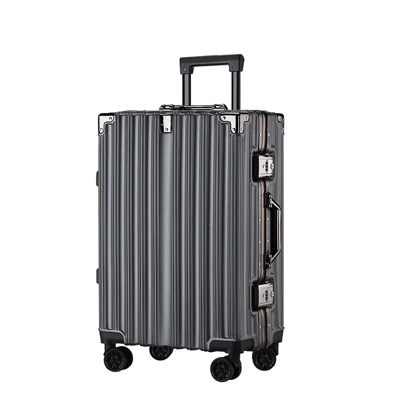 Side view of a unisex aluminum frame hard-shell suitcase, highlighting its durable construction and secure design.