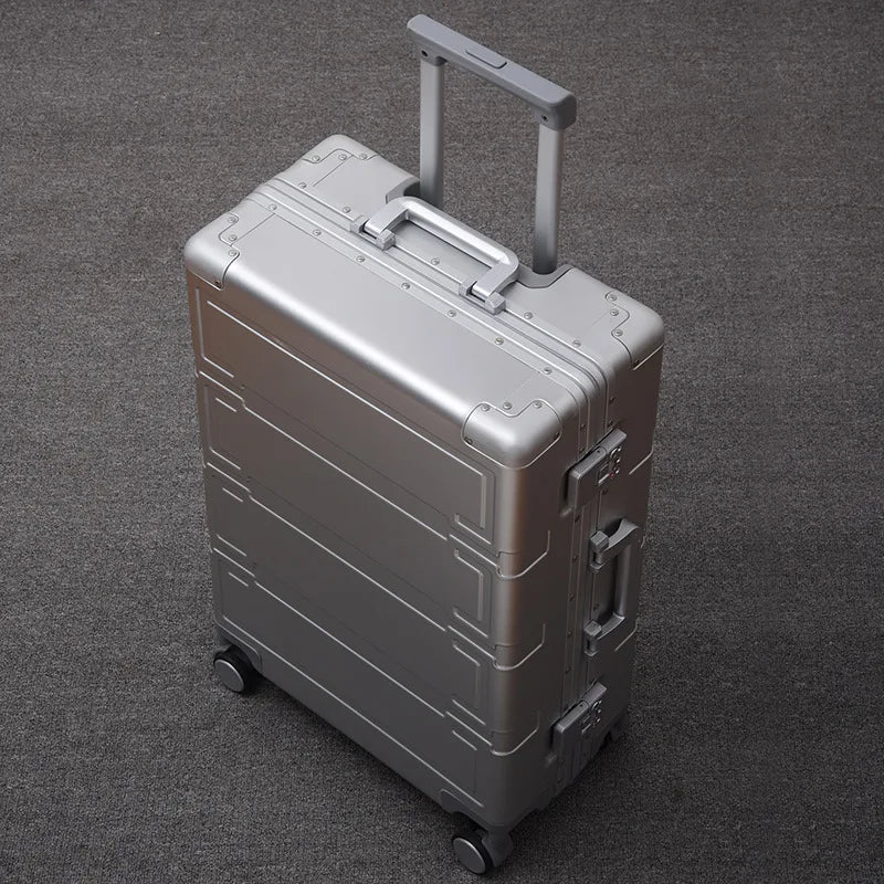 Unisex aluminum hardshell luggage with TSA lock, durable spinner wheels for secure travel.