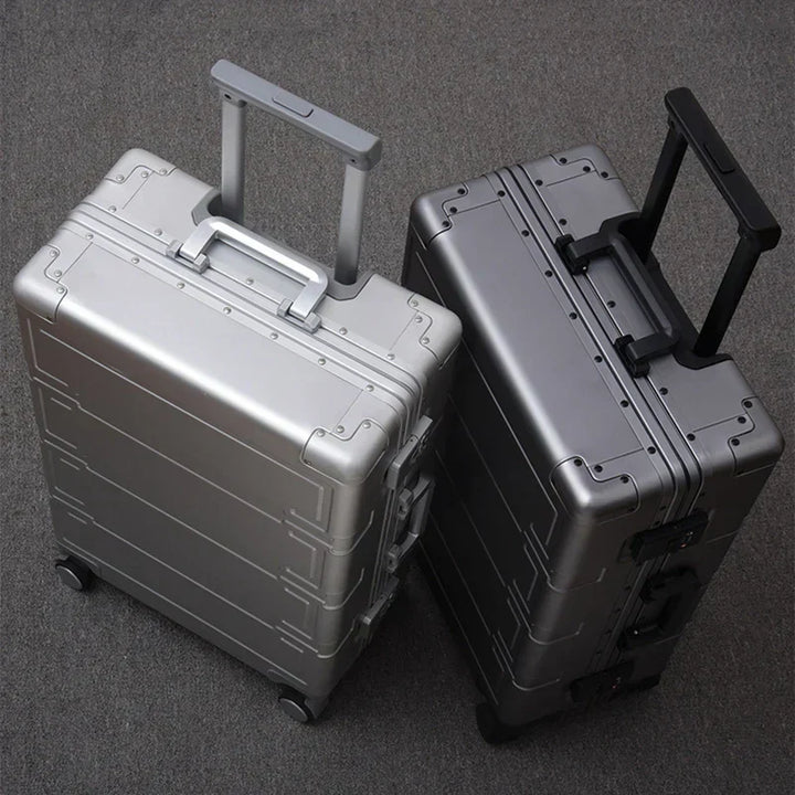 Sleek aluminum hardshell carry-on suitcase, integrated TSA lock, smooth spinner wheels.