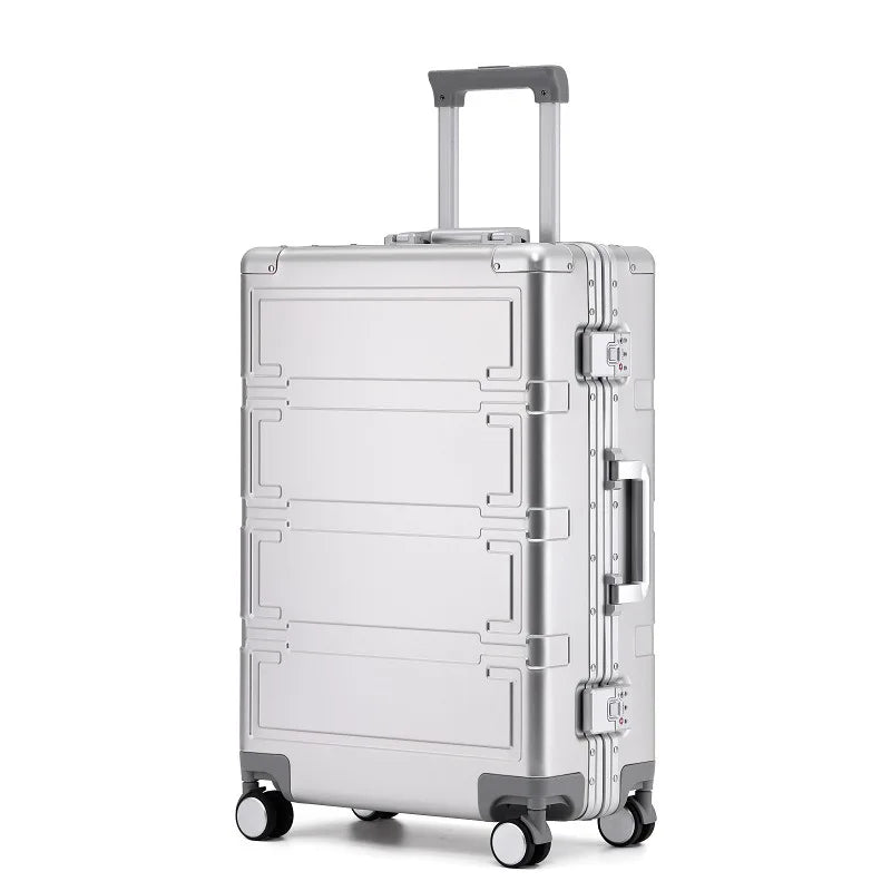 Premium unisex aluminum travel luggage, hardshell, with TSA-approved lock and spinner mobility.
