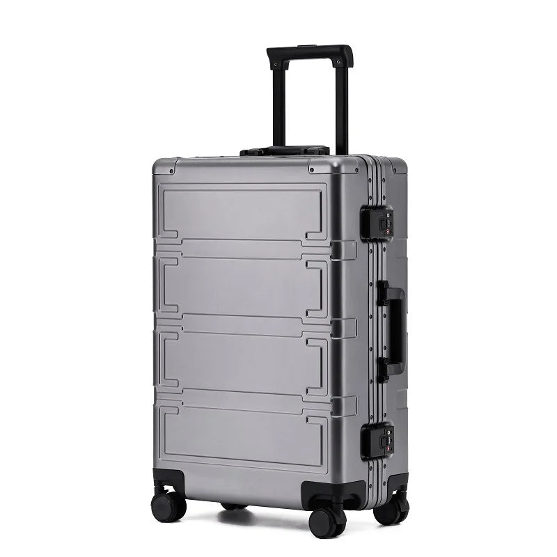 Modern unisex aluminum hardshell carry-on luggage with durable design and TSA locking system.
