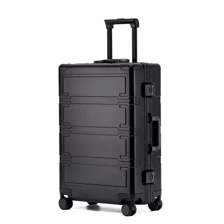 Robust aluminum hardshell checked luggage, spinner wheels, and secure TSA combination lock.