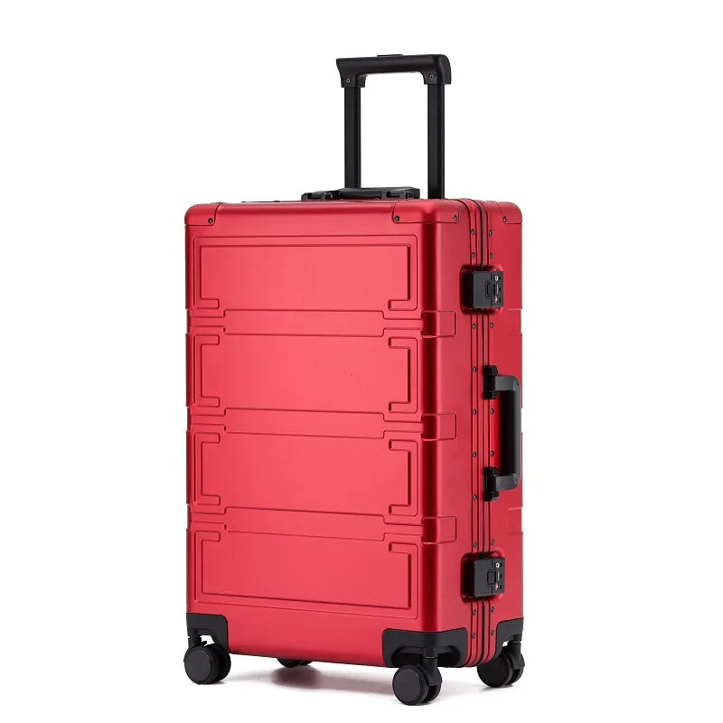 Stylish aluminum hardshell travel suitcase, impact-resistant, with TSA lock for safe journeys.