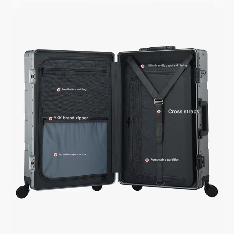 High-quality unisex aluminum hardshell luggage, TSA lock, smooth spinner wheels for all travel needs.