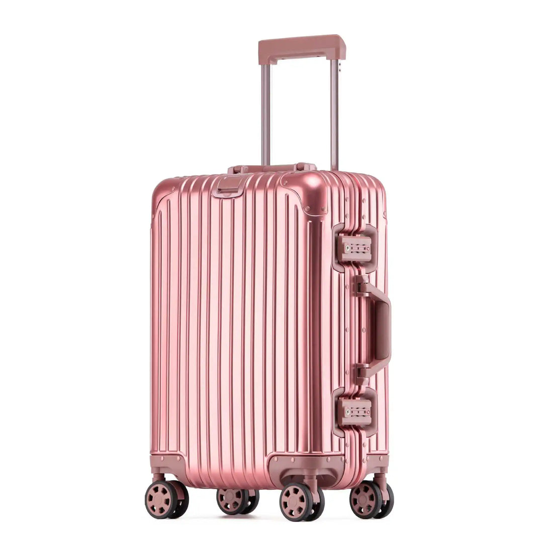 Durable unisex aluminum-magnesium hardshell spinner suitcase for all travel needs.