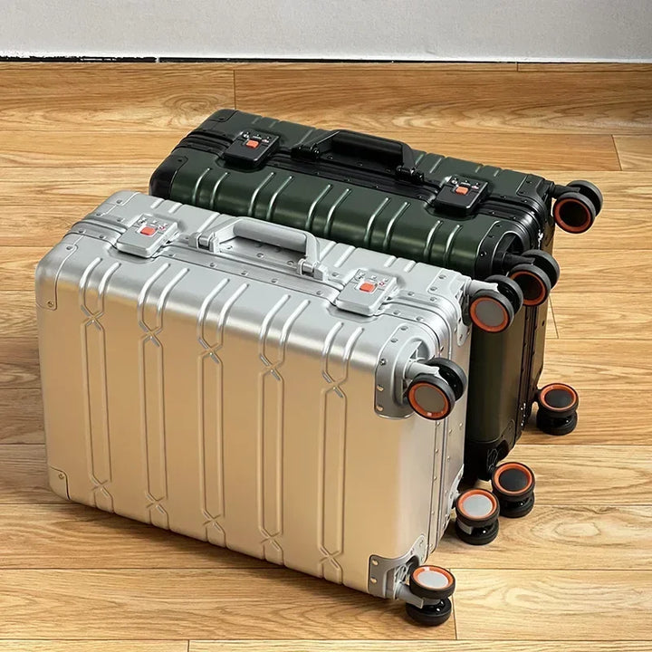 Unisex aluminum-magnesium hardshell travel suitcase, durable and secure spinner luggage for modern travelers.