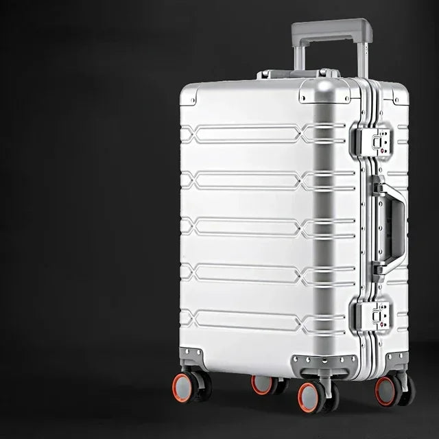 Versatile aluminum-magnesium travel suitcase, durable hardshell spinner luggage for both carry-on and checked needs.