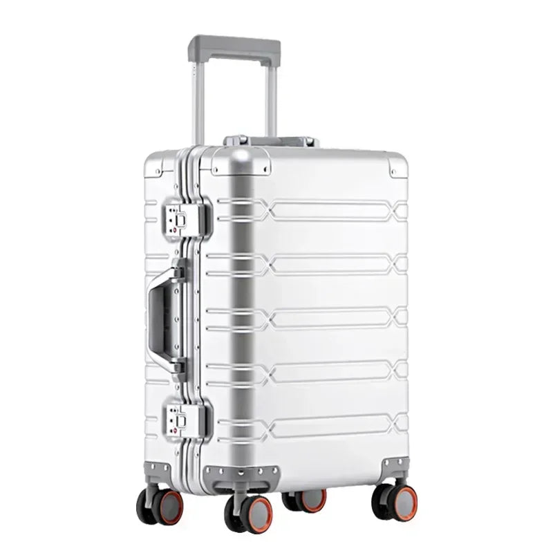 Durable aluminum-magnesium travel suitcase, a robust hardshell luggage piece for secure and reliable journeys.