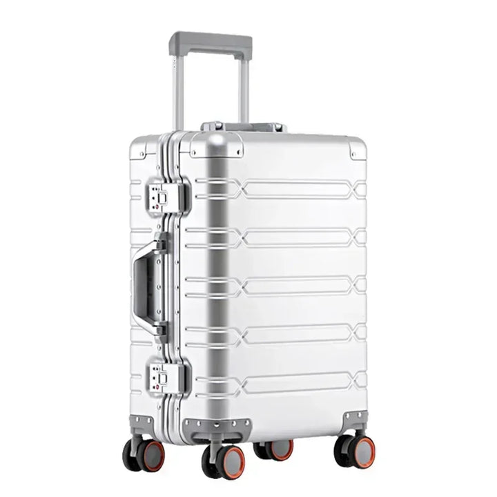 Durable aluminum-magnesium travel suitcase, a robust hardshell luggage piece for secure and reliable journeys.