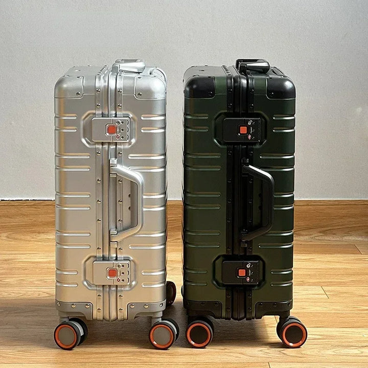 Sleek unisex aluminum spinner suitcase, hardshell travel luggage with smooth wheels for easy airport navigation.