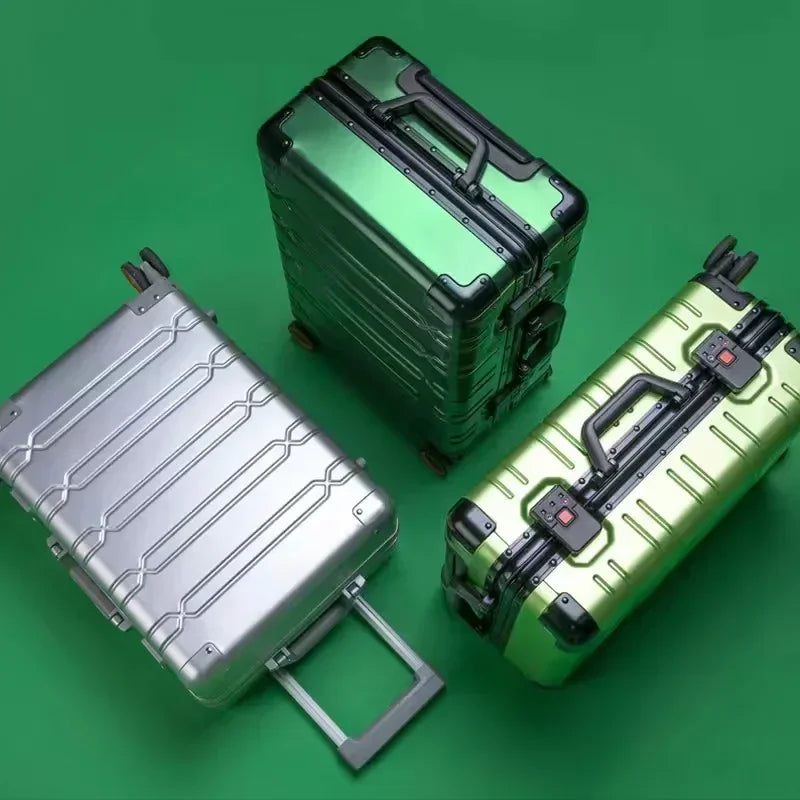 Compact aluminum-magnesium carry-on suitcase, durable hardshell luggage perfect for secure and stylish short trips.