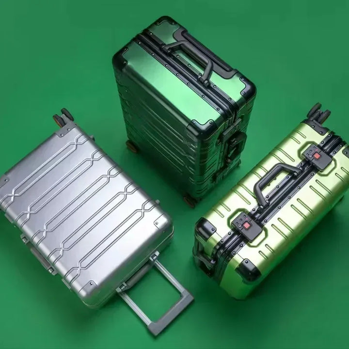 Compact aluminum-magnesium carry-on suitcase, durable hardshell luggage perfect for secure and stylish short trips.