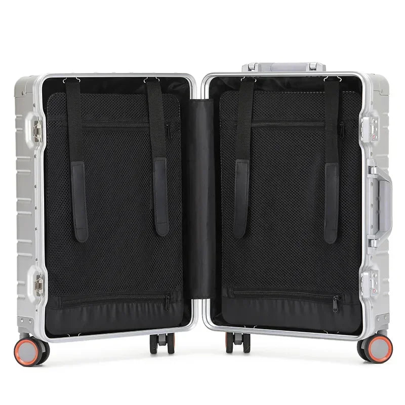 Large aluminum-magnesium checked bag, durable hardshell travel suitcase for secure and reliable long-haul journeys.