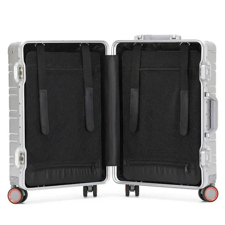 Large aluminum-magnesium checked bag, durable hardshell travel suitcase for secure and reliable long-haul journeys.