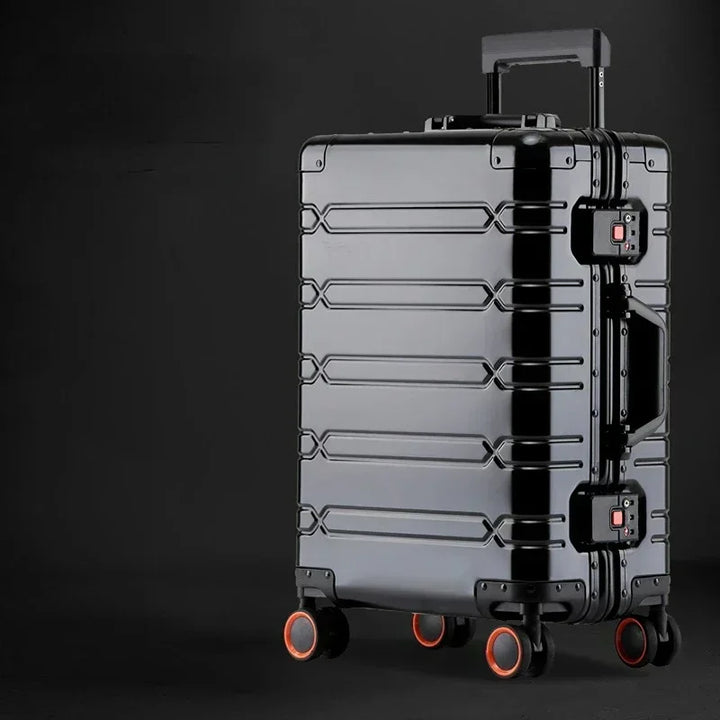 Secure hardshell aluminum-magnesium travel suitcase, robust luggage ensuring safety for your belongings on any trip.