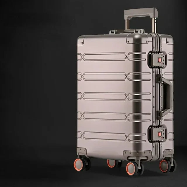 Robust aluminum-magnesium travel suitcase, a durable hardshell luggage piece built for challenging travel conditions.
